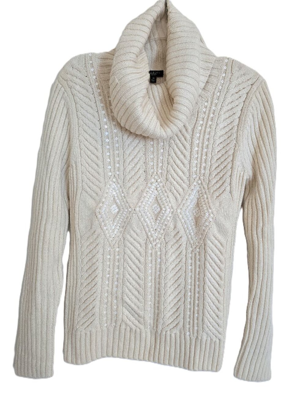 Talbots Petites Cream Cable Knit Sequined Cowl Neck Sweater Medium